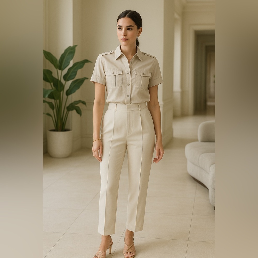 Club Monaco Creamy Beige Safari Military short sleeved button down size …​